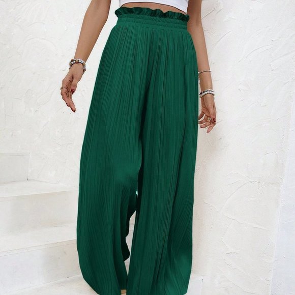 Green Boho Womens Paperbag Waist Pleated Wide Leg Pants - Picture 5 of 5
